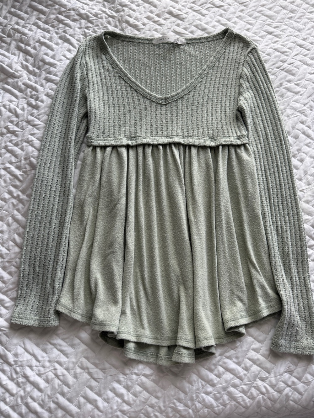 Altar’d State Light Sage Knit “Andi” Babydoll Long-Sleeve Top